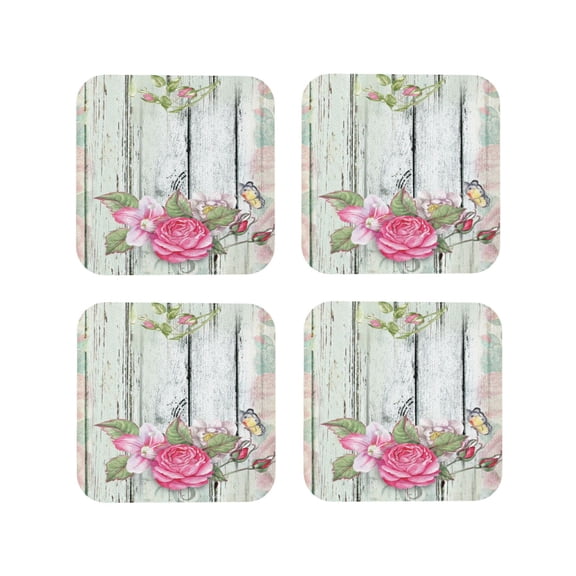 Picia Vintage Wood with Floral Printed Leather Coasters for Drinks, 4" Drink Coasters Set of 4 for Tabletop Protection, Handmade Luxurious Home Décor and Housewarming Gift -Square