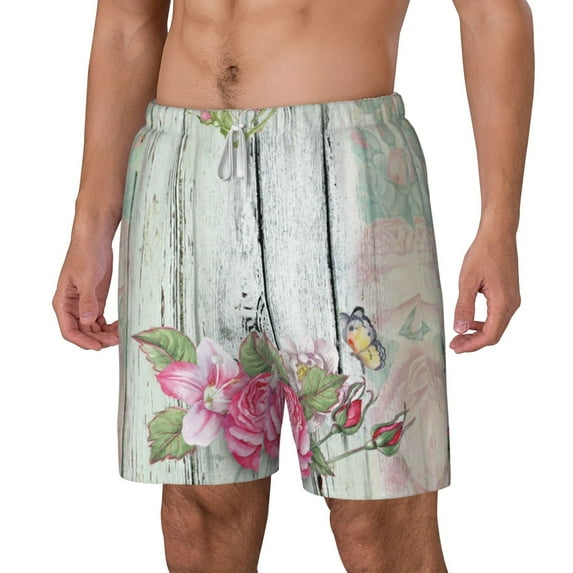 Picia Vintage Wood with Floral pattern Mens Swim Trunks with Compression Liner Stretch Beach Shorts Quick Dry with Zipper Pockets No-Chafing Board Shorts-X-Large