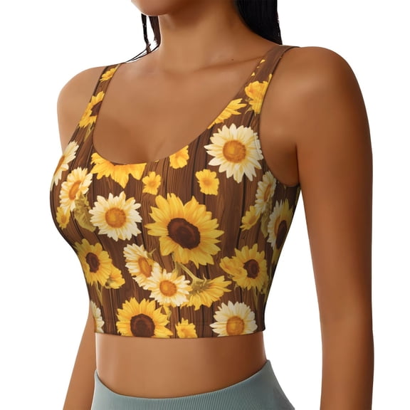 Picia Vintage Wood Grain Sunflower A Sports Bra for Women,Padded Strappy Sports Bras Medium Support Yoga Bra with Removable Cups,Running Yoga Bra-X-Large