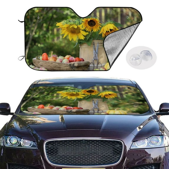 Picia Vintage Wooden Bucket Curved Windshield Sunshade Accordion Folding Style Auto Shade for Car Truck SUV Van Blocks UV Ray Sun Visor Protector -