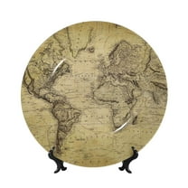 Picia Vintage World Map Pattern Bone China Decorative Plate – Wall Decor with Stand and Adhesive, Elegant Ornament for Living Room, Office, or Entryway-6in