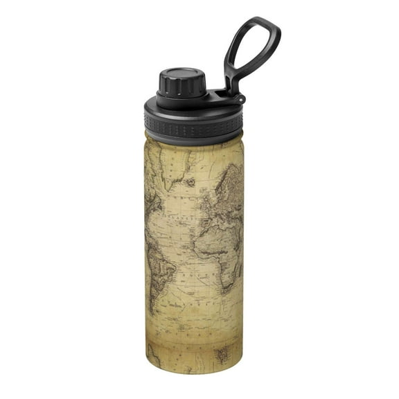 Picia Vintage World Map Pattern Water Bottle 18 oz Stainless Steel Insulated Bottles With Handle Leak Proof Gym Sport Water Jug BPA-free insulated kettle For Men Women Adults