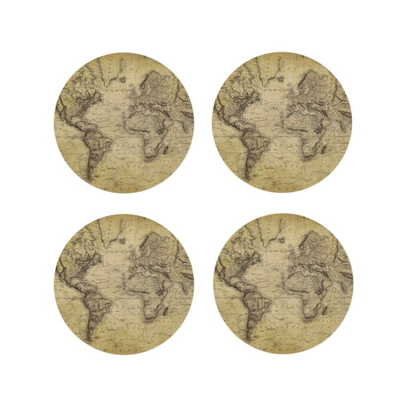 Picia Vintage World Map Printed Leather Coasters for Drinks, 4" Drink Coasters Set of 4 for Tabletop Protection, Handmade Luxurious Home Décor and Housewarming Gift -Round Shape