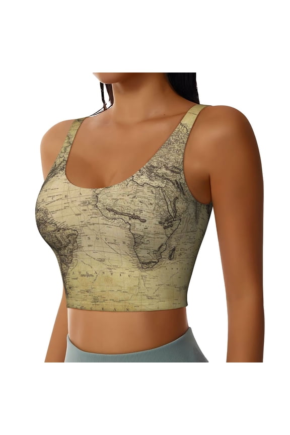 Vintage World Map Sports Bra for Women,Padded Strappy Sports Bras Medium Support Yoga Bra with Removable Cups,Running Yoga Bra-X-Large