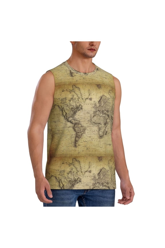 Vintage World Map mens Cotton Tank Undershirts , Moisture-wicking Ribbed Tanks, Lightweight Cotton Tank Undershirts-Medium