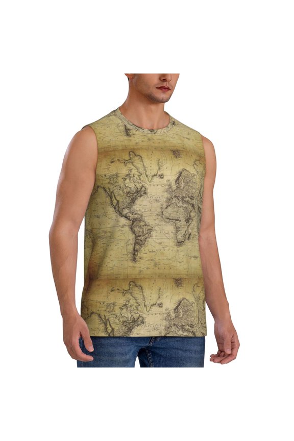 Vintage World Map mens Cotton Tank Undershirts , Moisture-wicking Ribbed Tanks, Lightweight Cotton Tank Undershirts-Small