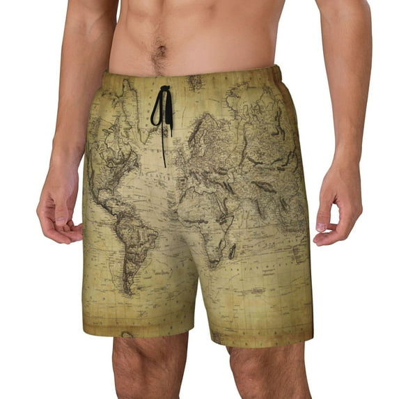 Picia Vintage World Map pattern Mens Swim Trunks with Compression Liner Stretch Beach Shorts Quick Dry with Zipper Pockets No-Chafing Board Shorts-Small