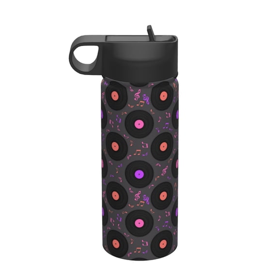 Picia Vinyl Records Musical Notes Pattern 18oz Sports Insulated Kettle With Straw Insulated Water Bottle For Running Hiking Cycling Climbing Men'S Woman Insulated Water Bottle