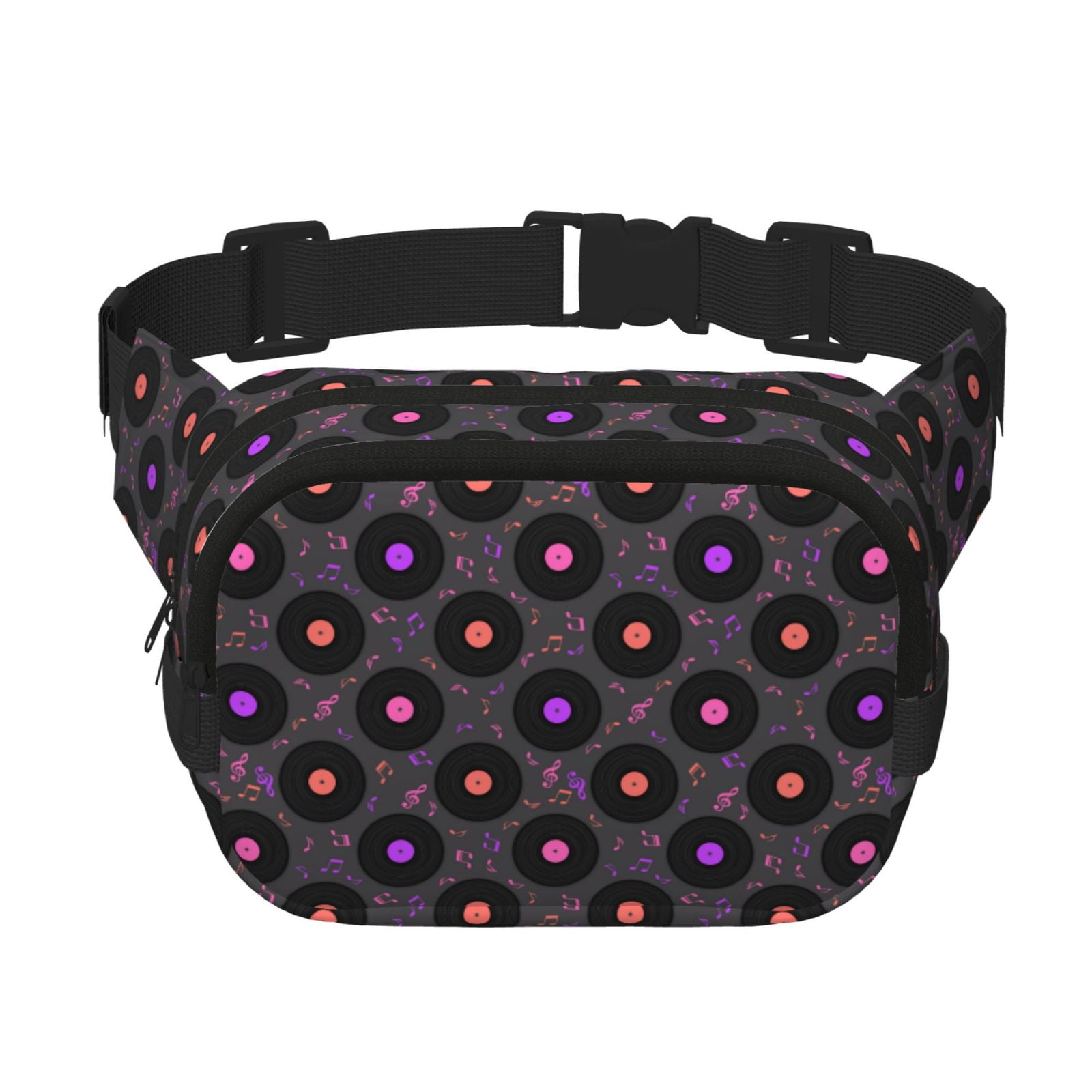 Picia Vinyl Records Musical Notes Print Square Double-Layer Waist Bag Mini Adjustable Waist Belt Bag Exercise Running Travel Hiking