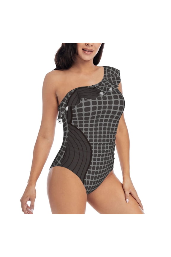 Vinyl Records Pattern Women's One Piece Swimsuits,One Shoulder Swimwear Asymmetric ,Ruffle Monokinis Bathing Suits,High Waisted Flattering Bathing Suits-Small