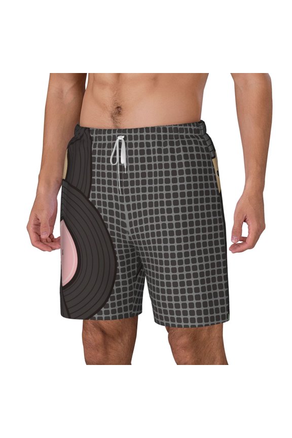 Vinyl Records pattern Mens Swim Trunks with Compression Liner Stretch Beach Shorts Quick Dry with Zipper Pockets No-Chafing Board Shorts-Large