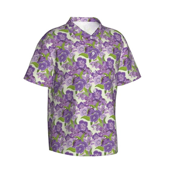 Picia Violets Flowers Gentle Cotton Regular Fit Short Sleeve Casual Hawaiian Shirt for Men-3X-Large