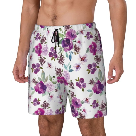 Picia Violets Flowers pattern Mens Swim Trunks with Compression Liner Stretch Beach Shorts Quick Dry with Zipper Pockets No-Chafing Board Shorts-X-Large
