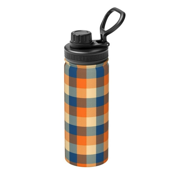 Picia Warm Orange Plaid Pattern Water Bottle 18 oz Stainless Steel Insulated Bottles With Handle Leak Proof Gym Sport Water Jug BPA-free insulated kettle For Men Women Adults
