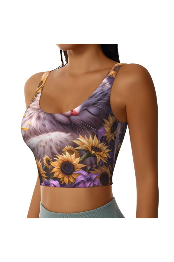 Warm Sunflower Sleeping Cat Sports Bra for Women,Padded Strappy Sports Bras Medium Support Yoga Bra with Removable Cups,Running Yoga Bra-Medium