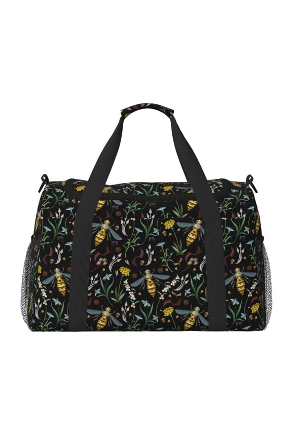 Wasp and Florals Print Travel Duffle Bag,Weekender Bags for Women with Shoe Compartment, Gym Duffel Bag with Wet Pocket, Hospital Bags for Labor and Delivery
