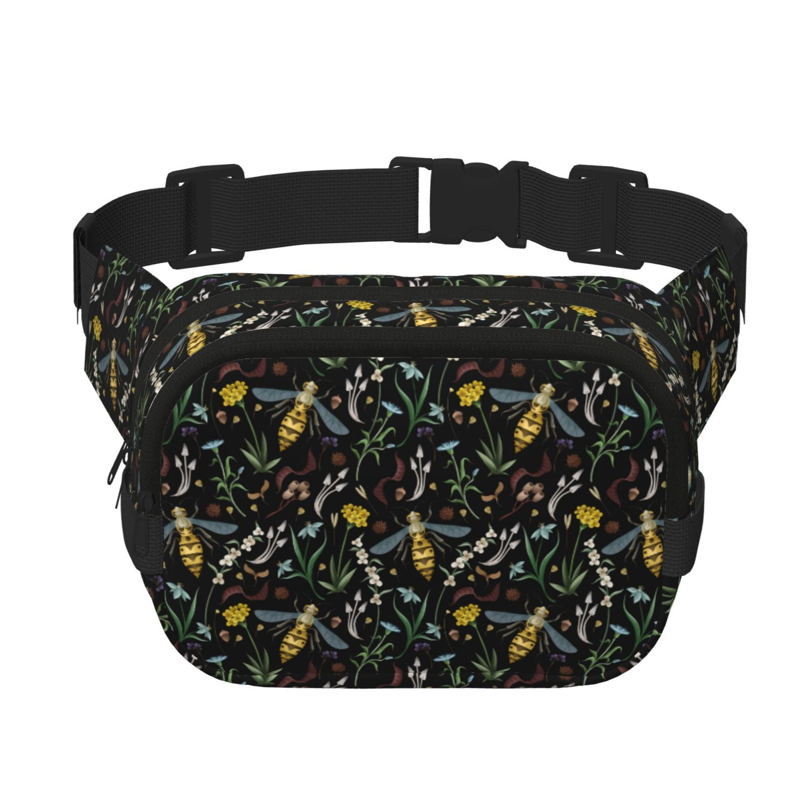Picia Wasp and Florals Print Square Double-Layer Waist Bag Mini Adjustable Waist Belt Bag Exercise Running Travel Hiking