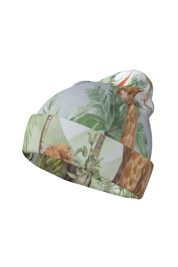 Watercolor African Animals Wildlife Pattern Knitted Beanie Hat for Men and Women , Unisex Winter Warm Stretchy Knit Cap Thick Fisherman Beanies Cuffed Plain Skull Caps