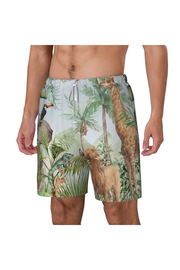 Watercolor African Animals Wildlife pattern Mens Swim Trunks with Compression Liner Stretch Beach Shorts Quick Dry with Zipper Pockets No-Chafing Board Shorts-Medium