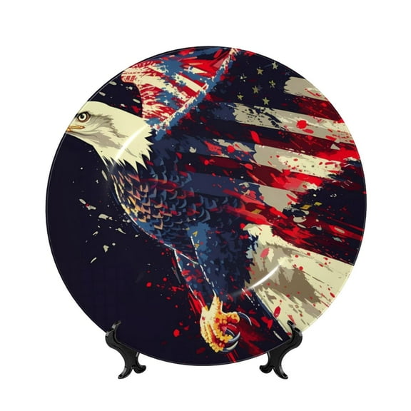 Picia Watercolor Bald Eagle Pattern Bone China Decorative Plate – Wall Decor with Stand and Adhesive, Elegant Ornament for Living Room, Office, or Entryway-8in