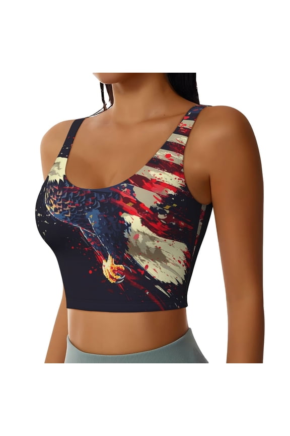 Watercolor Bald Eagle Sports Bra for Women,Padded Strappy Sports Bras Medium Support Yoga Bra with Removable Cups,Running Yoga Bra-Large