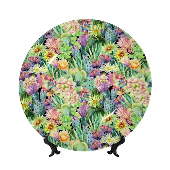 Picia Watercolor Blooming Cactus Pattern Bone China Decorative Plate – Wall Decor with Stand and Adhesive, Elegant Ornament for Living Room, Office, or Entryway-8in