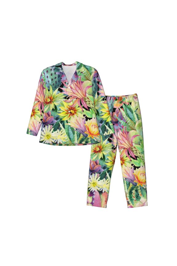 Watercolor Blooming Cactus Pattern Men’s Long-Sleeve Sleepwear Set - Soft 2-Piece Loungewear with Pockets, Comfy PJs for Relaxing Nights-Small