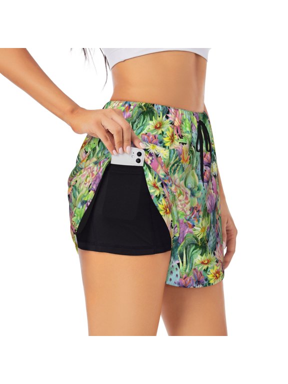 Watercolor Blooming Cactus Pattern Women's 2 in 1 Athletic Running Shorts High Waisted Workout Casual Gym Sweat Shorts with Comfy Liner Zipper Pockets-X-Large