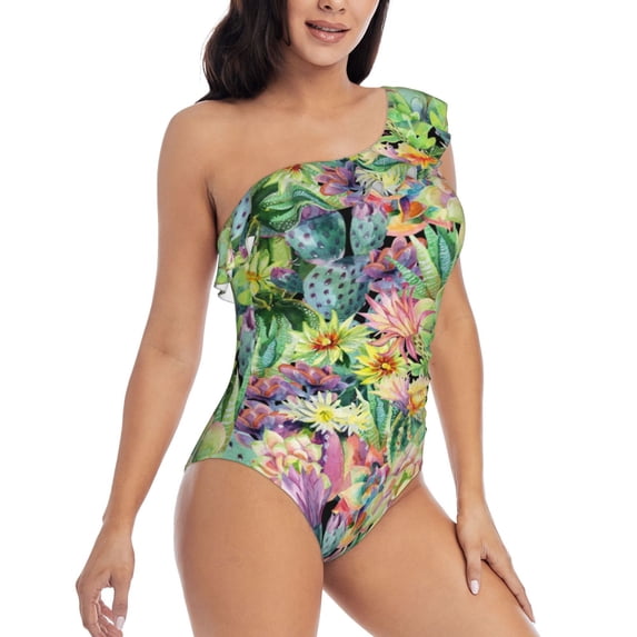 Picia Watercolor Blooming Cactus Pattern Women's One Piece Swimsuits,One Shoulder Swimwear Asymmetric ,Ruffle Monokinis Bathing Suits,High Waisted Flattering Bathing Suits-X-Large