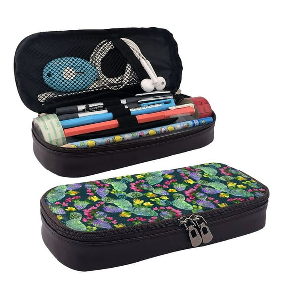 Picia Watercolor Cactuses Pattern Large Capacity PU Leather Pencil Case Organizer Pen Marker Holder Double Zipper Storage Bag Big Pencil Pouch for College Office
