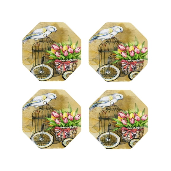 Picia Watercolor Canary Bird Printed Leather Coasters for Drinks, 4" Drink Coasters Set of 4 for Tabletop Protection, Handmade Luxurious Home Décor and Housewarming Gift -Octagon