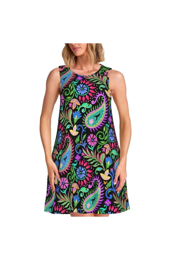 Watercolor Floral Paisley Print Women’s Sleeveless Midi Swing Dress – A-Line Pleated Tank Sundress, Comfortable and Flowy T-Shirt Dress