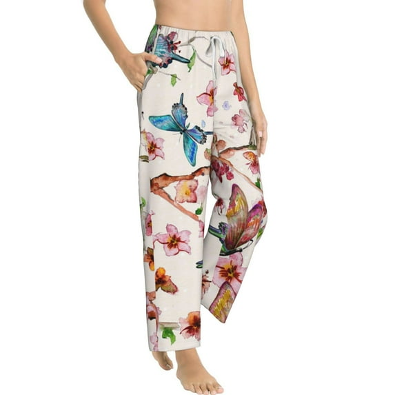 Picia Watercolor Floral With Butterflies Womens Soft Woven Cotton Elastic Waistband Sleep Pajama Pant Lounge Sleep Pant With Pockets And Drawstring-X-Large