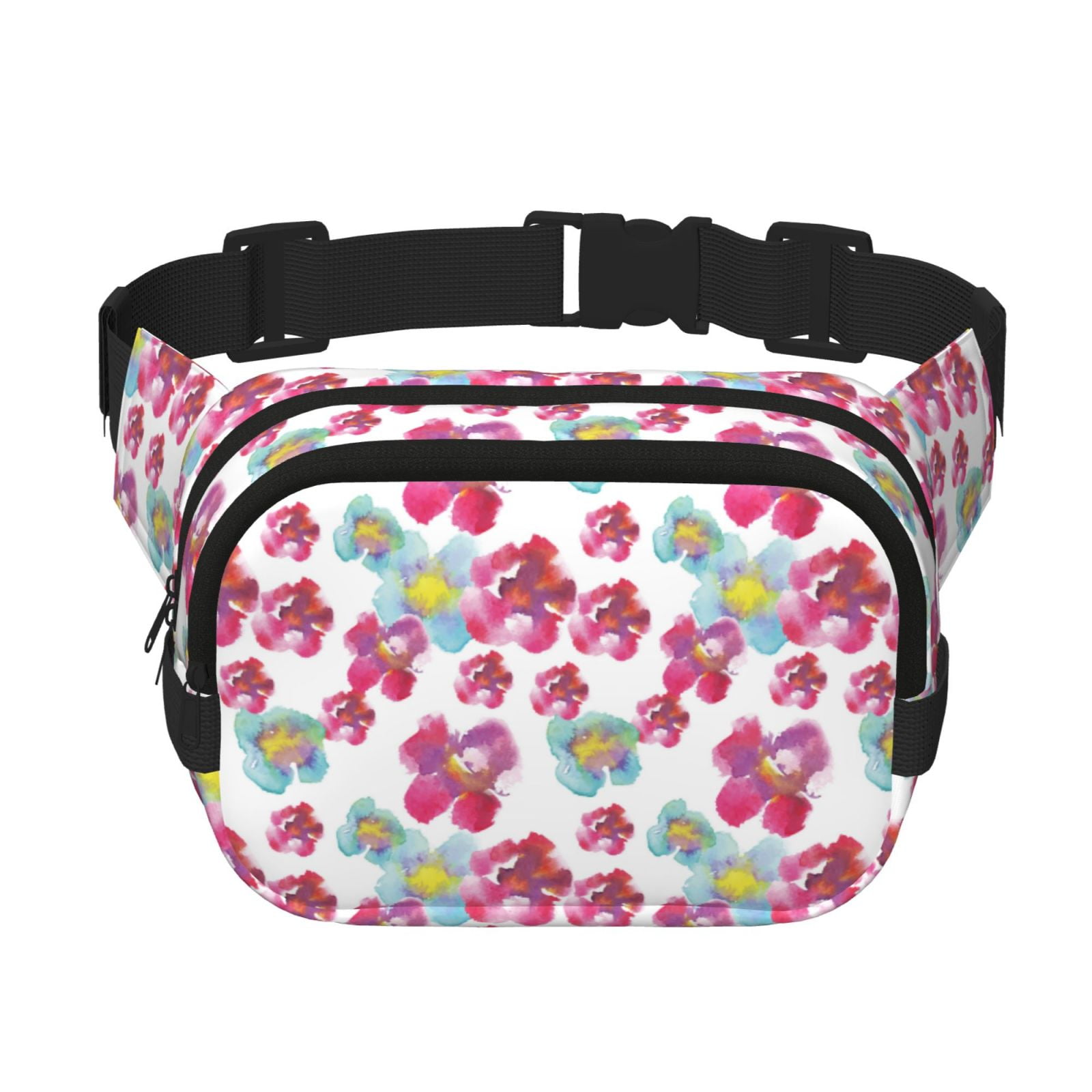 Picia Watercolor Flowers Print Square Double-Layer Waist Bag Mini Adjustable Waist Belt Bag Exercise Running Travel Hiking