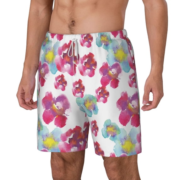 Picia Watercolor Flowers pattern Mens Swim Trunks with Compression Liner Stretch Beach Shorts Quick Dry with Zipper Pockets No-Chafing Board Shorts-Large