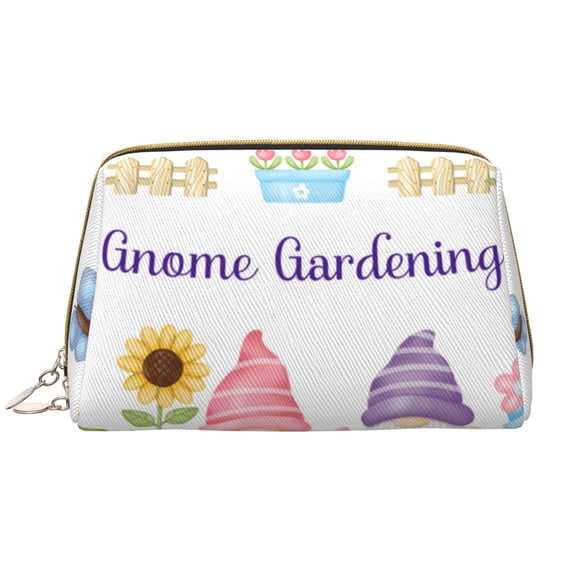 Picia Watercolor Gnome Garden Print Leather Makeup Bag Make Up Bag Travel Toiletry Bag for Her Girlfriend Teacher Teen Girl Gifts