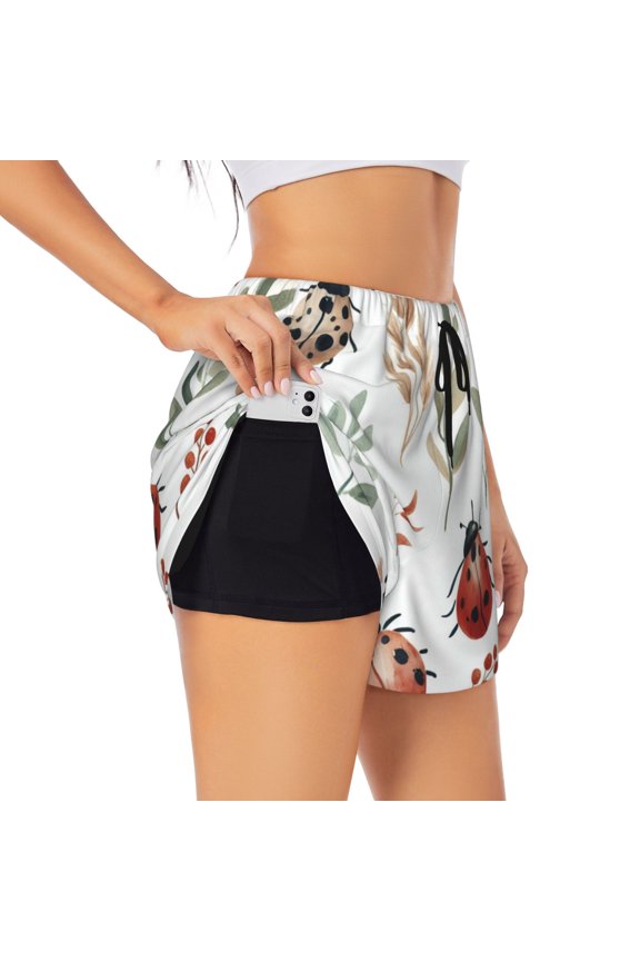 Watercolor Ladybug Pattern Women's 2 in 1 Athletic Running Shorts High Waisted Workout Casual Gym Sweat Shorts with Comfy Liner Zipper Pockets-Medium