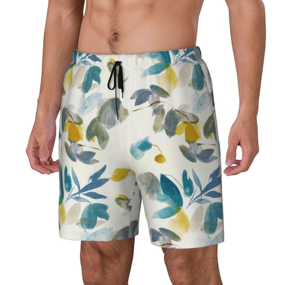 Picia Watercolor Leaves pattern Mens Swim Trunks with Compression Liner Stretch Beach Shorts Quick Dry with Zipper Pockets No-Chafing Board Shorts-XX-Large
