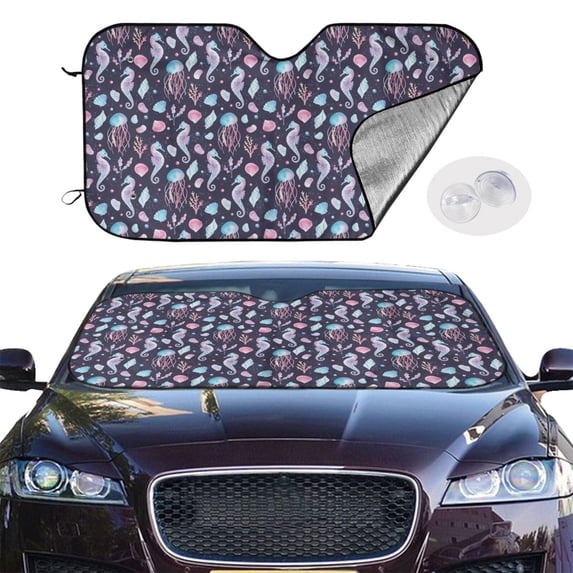 Picia Watercolor Marine Animals Curved Windshield Sunshade Accordion Folding Style Auto Shade for Car Truck SUV Van Blocks UV Ray Sun Visor Protector -Small
