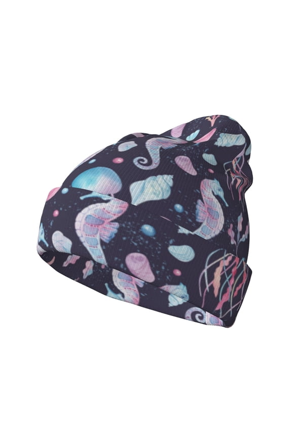Watercolor Marine Animals Pattern Knitted Beanie Hat for Men and Women , Unisex Winter Warm Stretchy Knit Cap Thick Fisherman Beanies Cuffed Plain Skull Caps