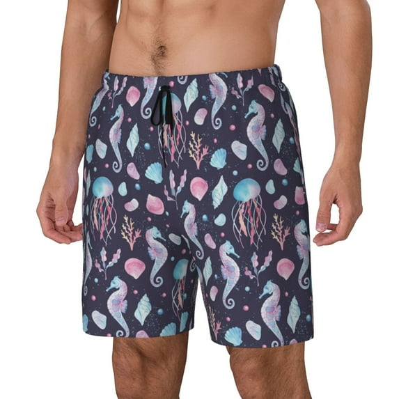Picia Watercolor Marine Animals pattern Mens Swim Trunks with Compression Liner Stretch Beach Shorts Quick Dry with Zipper Pockets No-Chafing Board Shorts-XX-Large