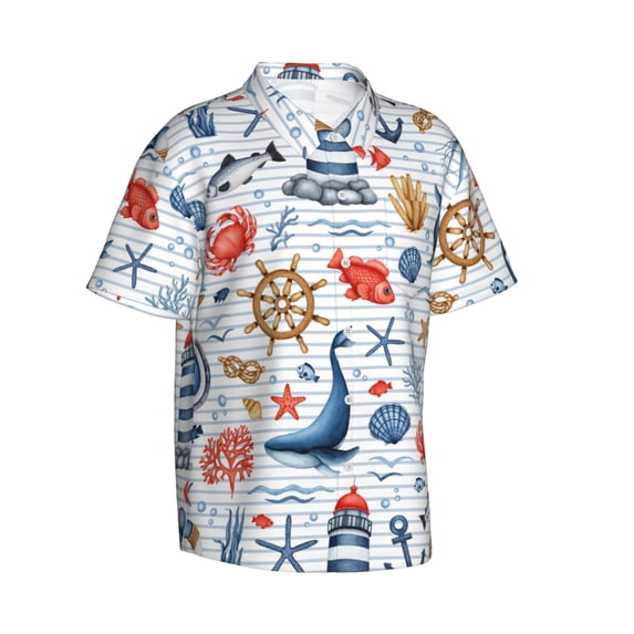 Picia Watercolor Nautical Gentle Cotton Regular Fit Short Sleeve Casual Hawaiian Shirt for Men-X-Large