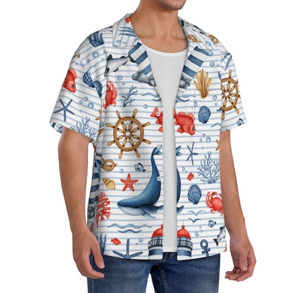 Picia Watercolor Nautical Men's Linen Shirts Short Sleeve Cuban Beach Shirts Casual Shirts Button Down Shirt for Men Beach Summer Wedding Shirt-Medium