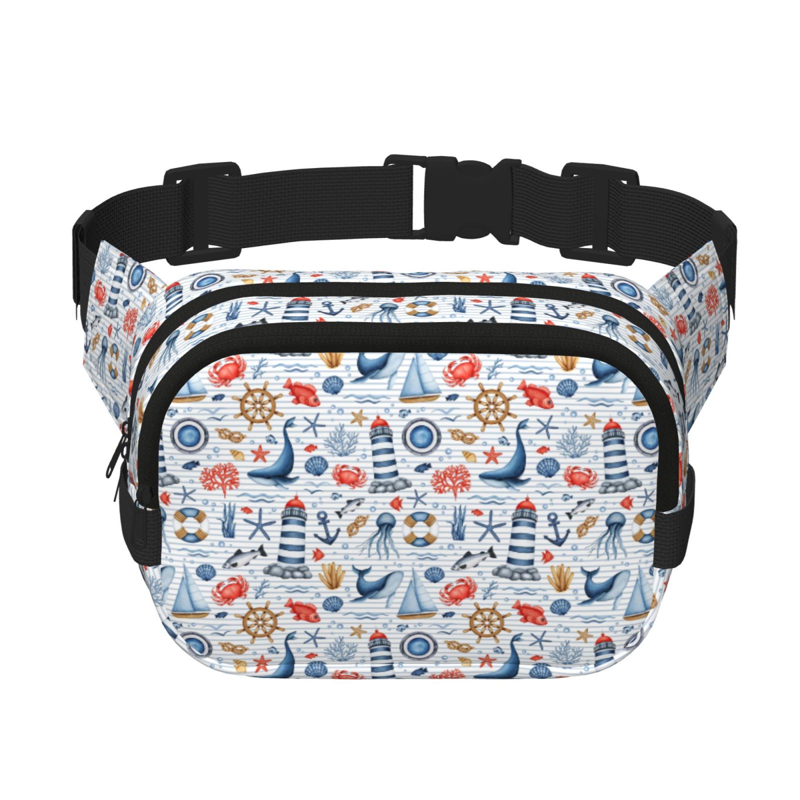 Picia Watercolor Nautical Print Square Double-Layer Waist Bag Mini Adjustable Waist Belt Bag Exercise Running Travel Hiking