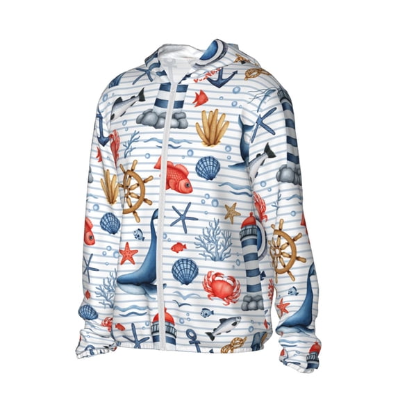 Picia Watercolor Nautical Women's Men's UPF 50+ Sun Protection Hoodie Shirt Long Sleeve SPF Fishing Outdoor UV Hiking Lightweight Shirts-Large