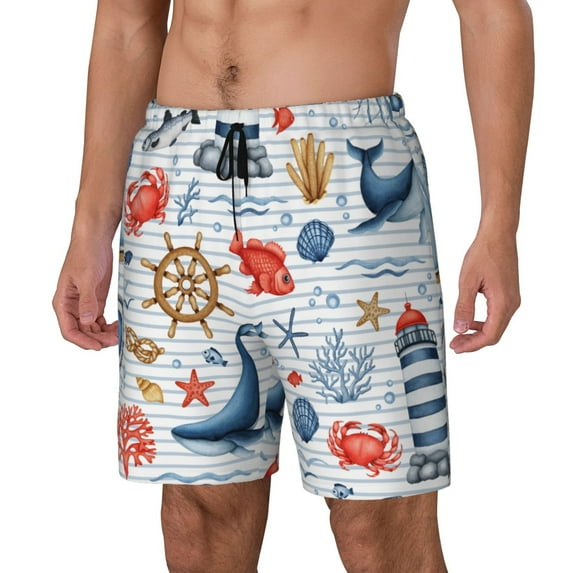 Picia Watercolor Nautical pattern Mens Swim Trunks with Compression Liner Stretch Beach Shorts Quick Dry with Zipper Pockets No-Chafing Board Shorts-Large