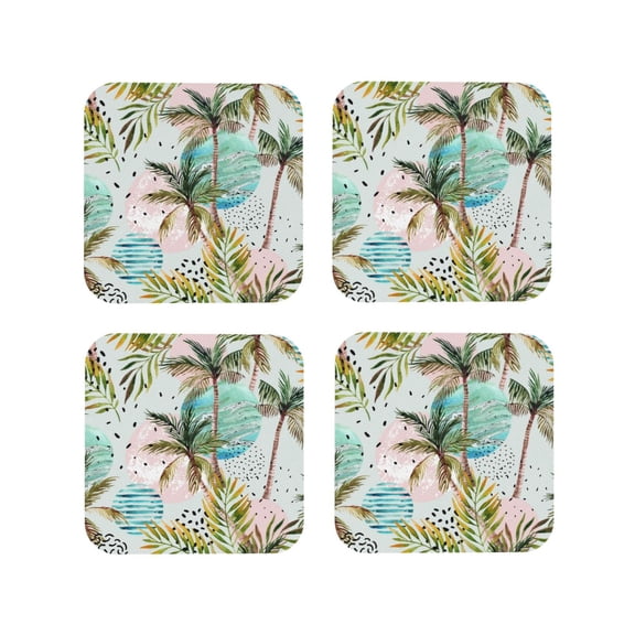 Picia Watercolor Palm Tree Printed Leather Coasters for Drinks, 4" Drink Coasters Set of 4 for Tabletop Protection, Handmade Luxurious Home Décor and Housewarming Gift -Square