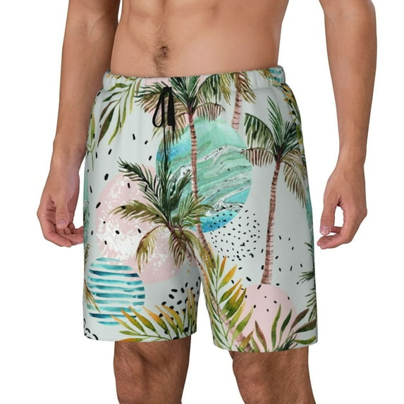 Picia Watercolor Palm Tree pattern Mens Swim Trunks with Compression Liner Stretch Beach Shorts Quick Dry with Zipper Pockets No-Chafing Board Shorts-3X-Large