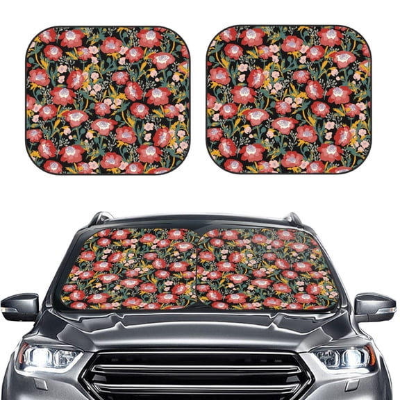 Picia Watercolor Red Wildflowers 2 Piece Car Windshield Sun Shade Foldable | Foldable Sun Shield for Front Window Blocks UV Rays and Keeps Your Vehicle Cool-Medium
