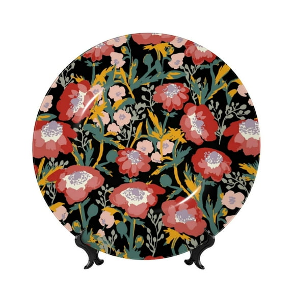 Picia Watercolor Red Wildflowers Pattern Bone China Decorative Plate – Wall Decor with Stand and Adhesive, Elegant Ornament for Living Room, Office, or Entryway-8in